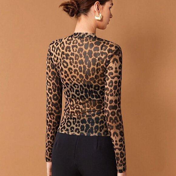 Brown Casual Women's Leopard Print Mesh Top - Picture 3 of 10